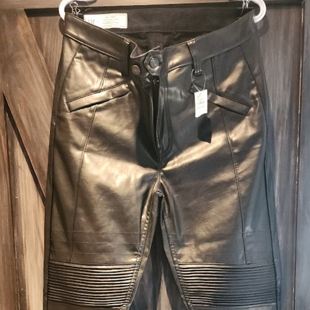 Mid Rise Vegan Leather Moto Vintage Slim Pants